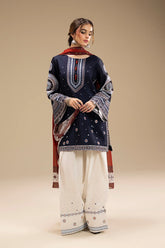 JAZMIN - 3PC DHANAK EMBROIDERED SHIRT WITH TWILL PRINTED SHAWL AND TROUSER - HZU2541